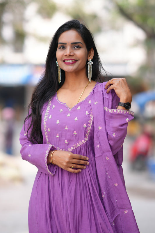 Purple Color Mul Chanderi Designer 3 Piece Set With Lining