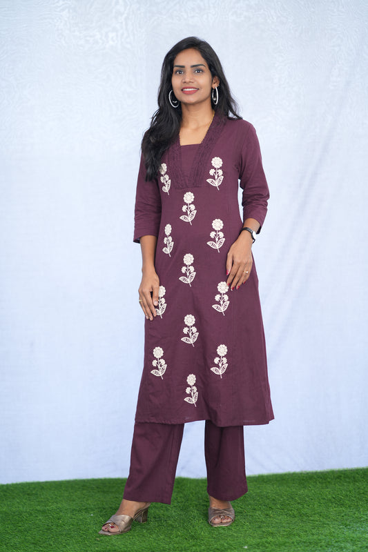 Wine Color Jaipur Flex Cotton Cord Set With Embroidery work