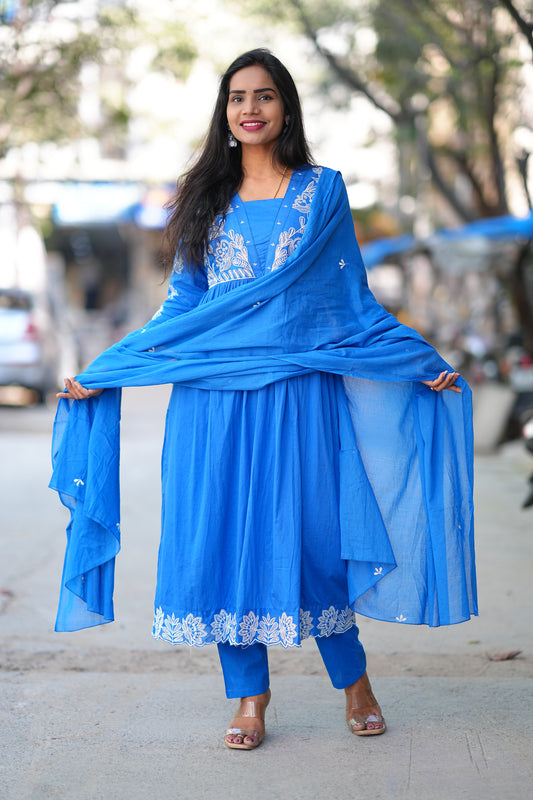 Blue Color Pure Mul Cotton 3 Piece set With Embroidery and Applique Work