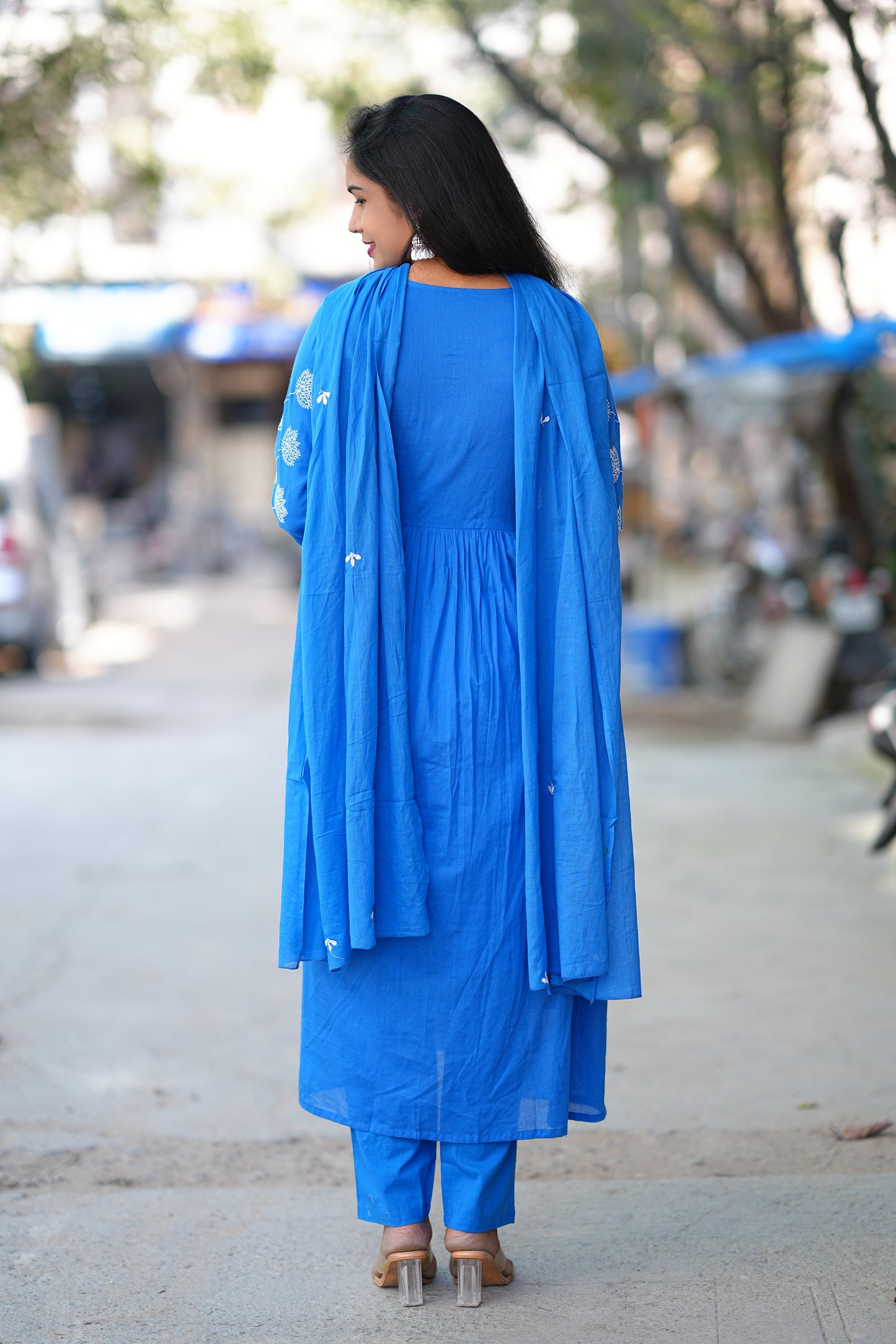 Blue Color Pure Mul Cotton 3 Piece set With Embroidery and Applique Work