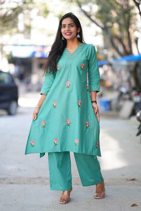 Teal Green Color Jaipur Cotton Cordset With Thread Embriodary Work