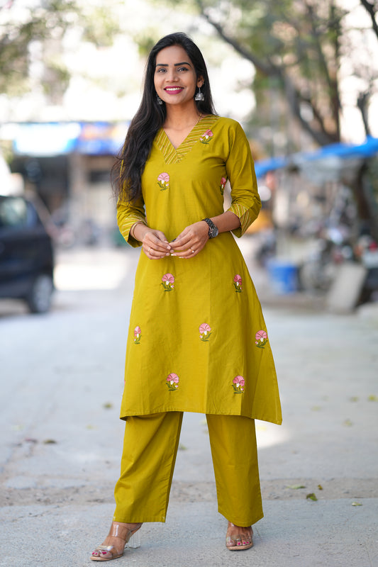Yellow Color Jaipur Cotton Cordset With Thread Embriodary Work