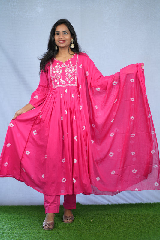 Pink Color Mul Cotton 3 Piece Set With Embroidery work and Complete Lining