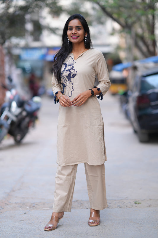 Beige Color Cord Set With Embroidery Work and complete Lining