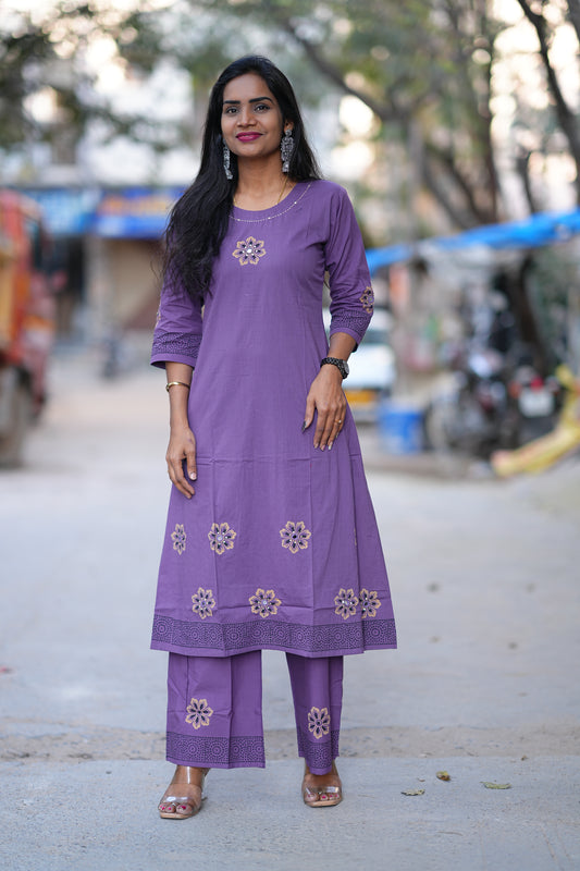 Purple Color Jaipur Cotton Cordset With Hand Block Print