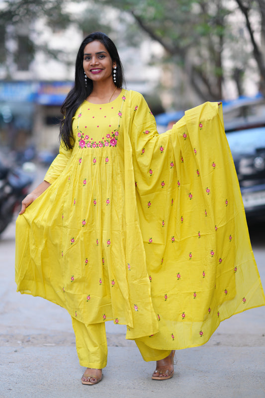 Yellow Color Mul Cotton 3 Piece Set With Embroidery Work and Complete Lining