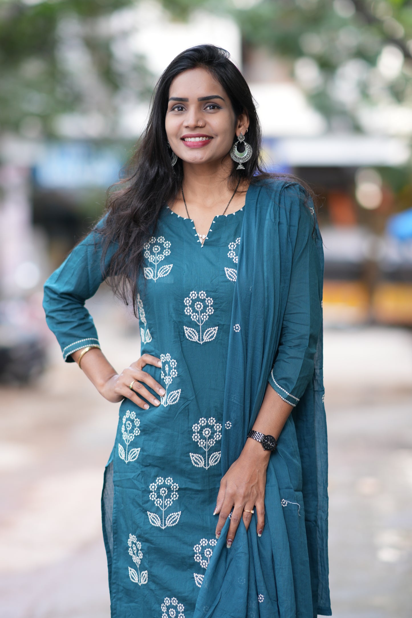 Russian Green Color Mul Cotton 3 Piece Set With Thread Work