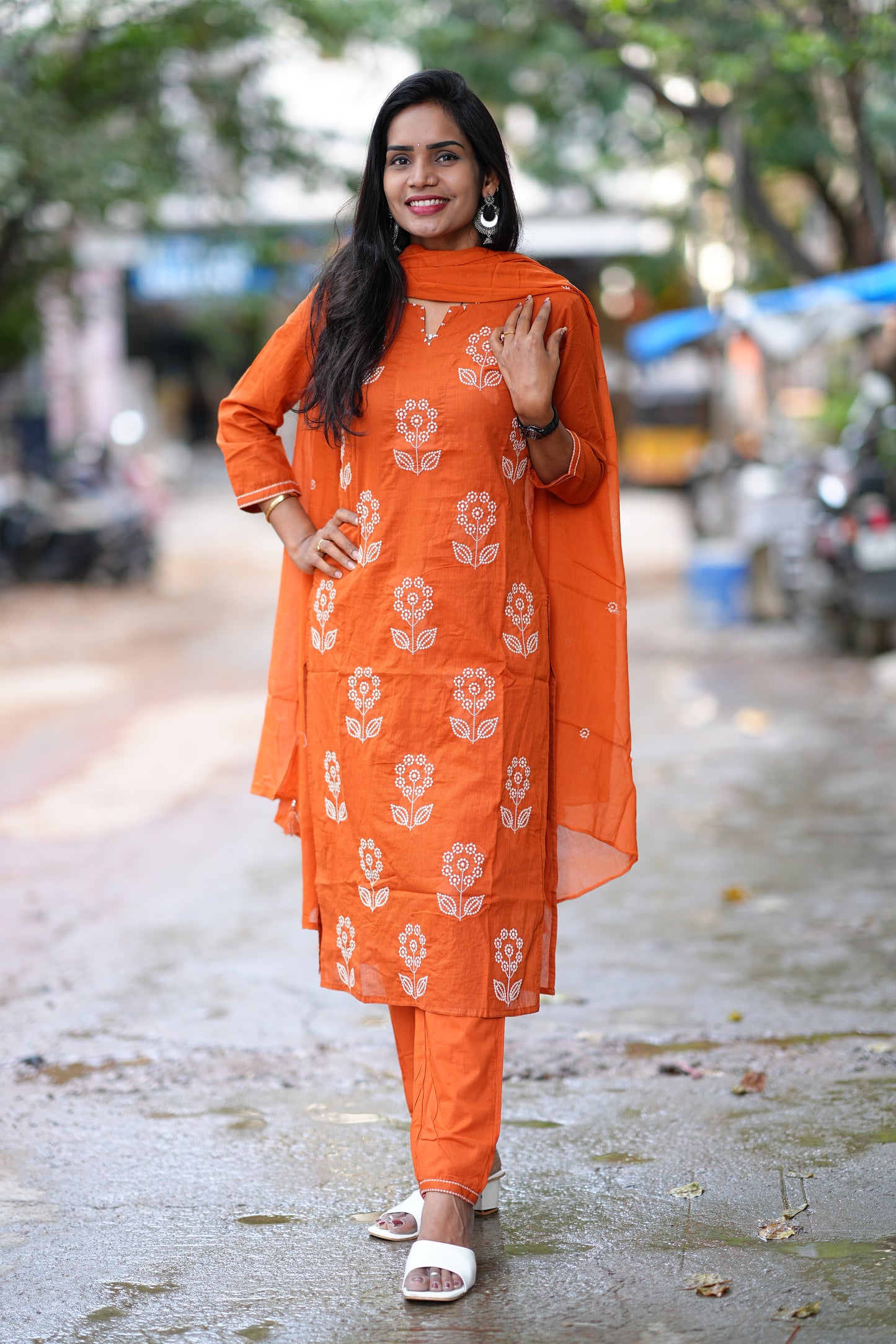 Orange Color Mul Cotton 3 Piece Set With Thread Work