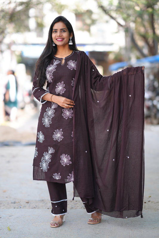 Brown Color Slub Jaipur Cotton 3 Piece Set With thread Embroidery Work and Complete Lining