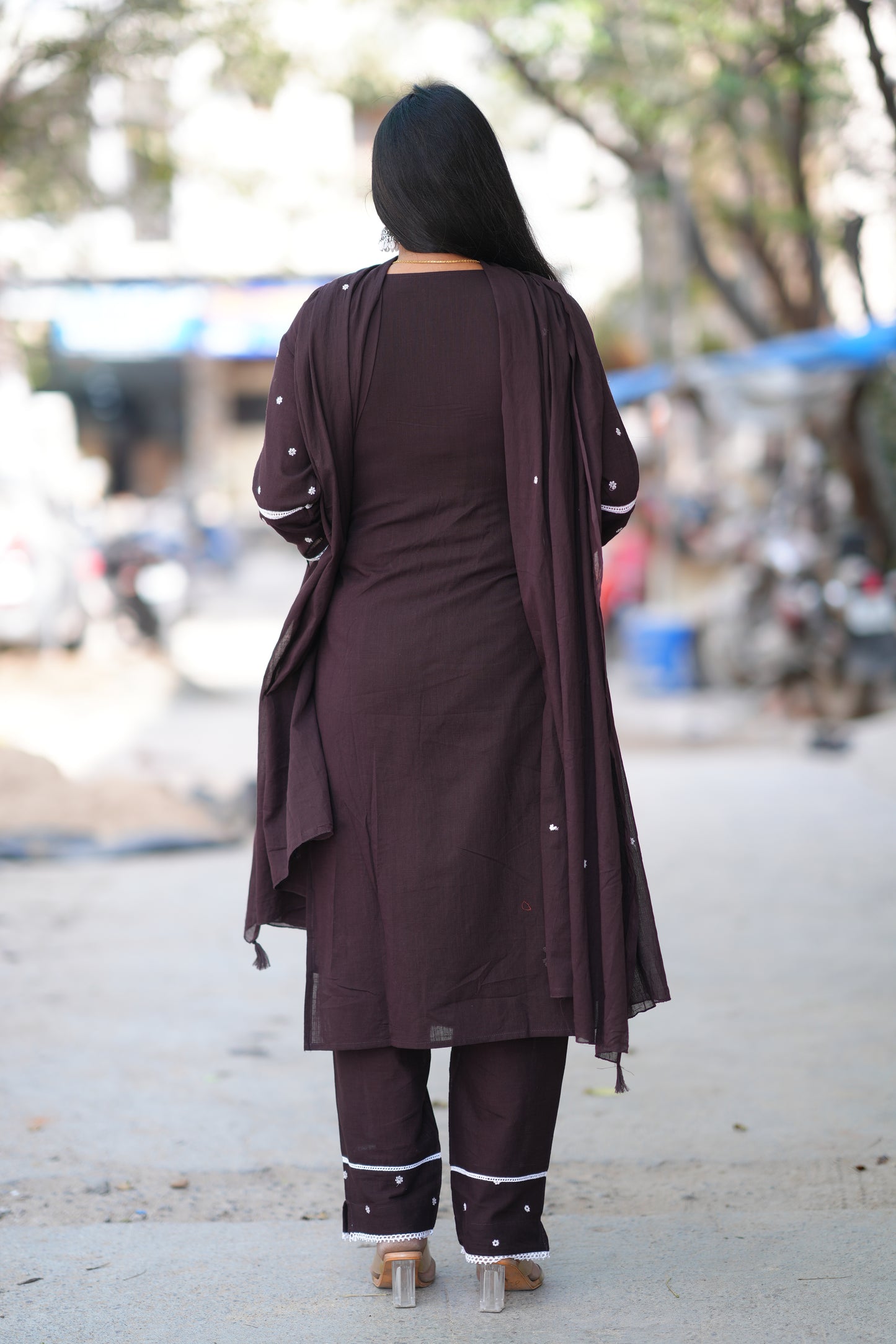 Brown Color Jaipur Cotton 3 Piece Set with Embroidery work and Complete lining