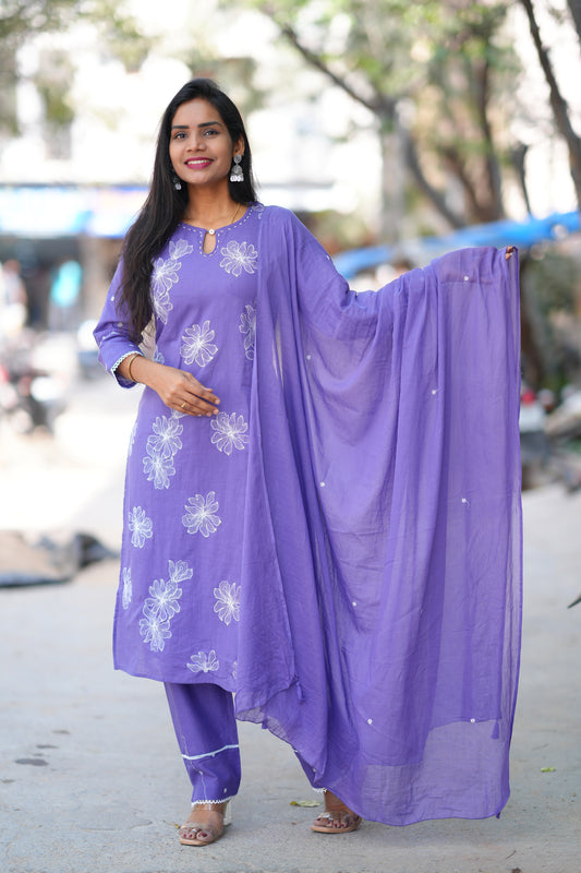 Lavender Color Slub Cotton 3 Piece Set With Embroidery Work and Complete Lining