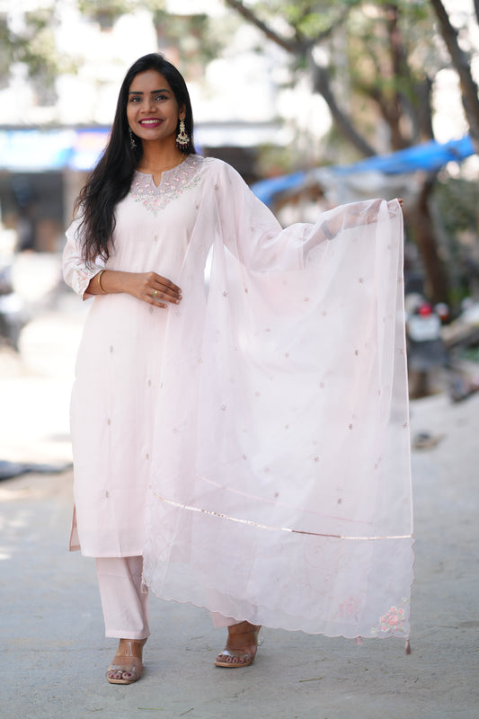 Light Pink Color Viscose Chanderi Party Wear 3 Piece set With Embroidery Work