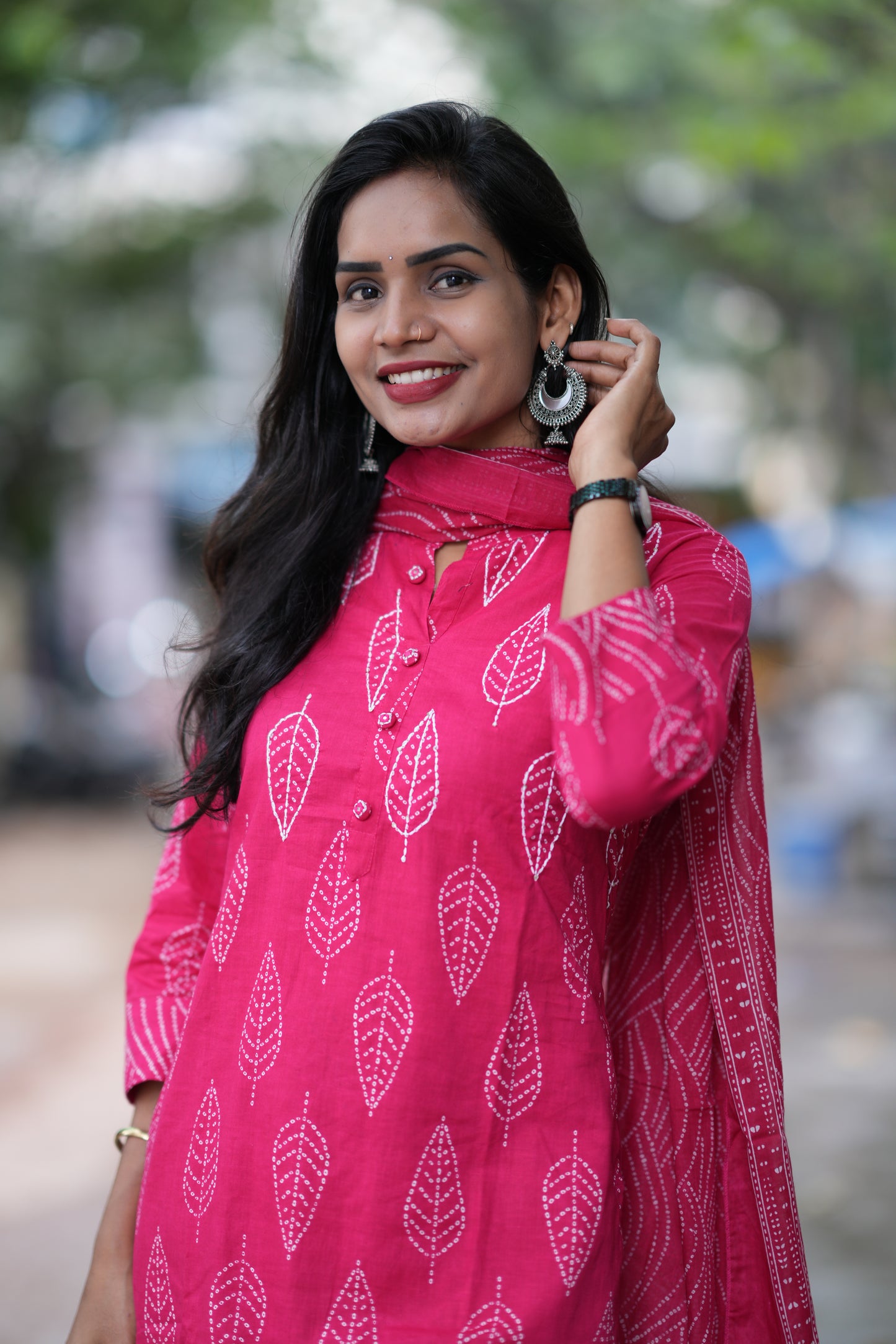 Rani Pink Color Jaipuri Cotton 3 Piece Set With Kantha Work and Complete Lining