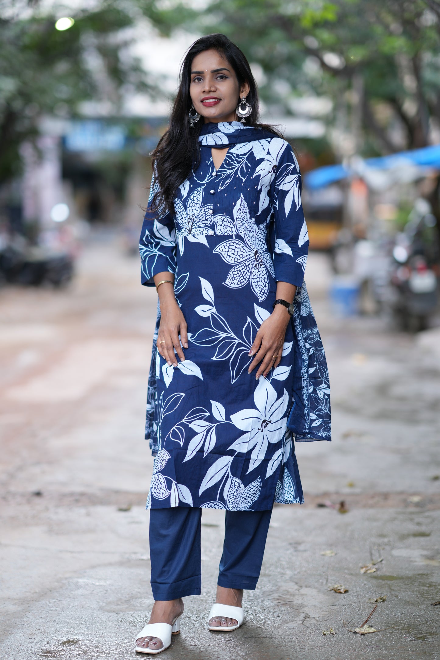 Blue Color Jaipur Cotton 3 Piece Set With Bead Work and Complete Lining