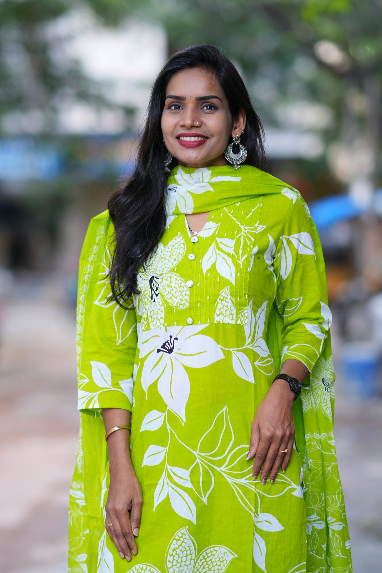 Parrot Green Color Jaipur Cotton 3 Piece Set With Bead Work and Complete Lining