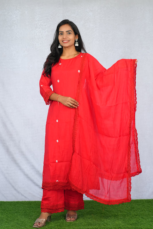 Red Color Mul chanderi Festive Wear 3 Piece Set With Lining