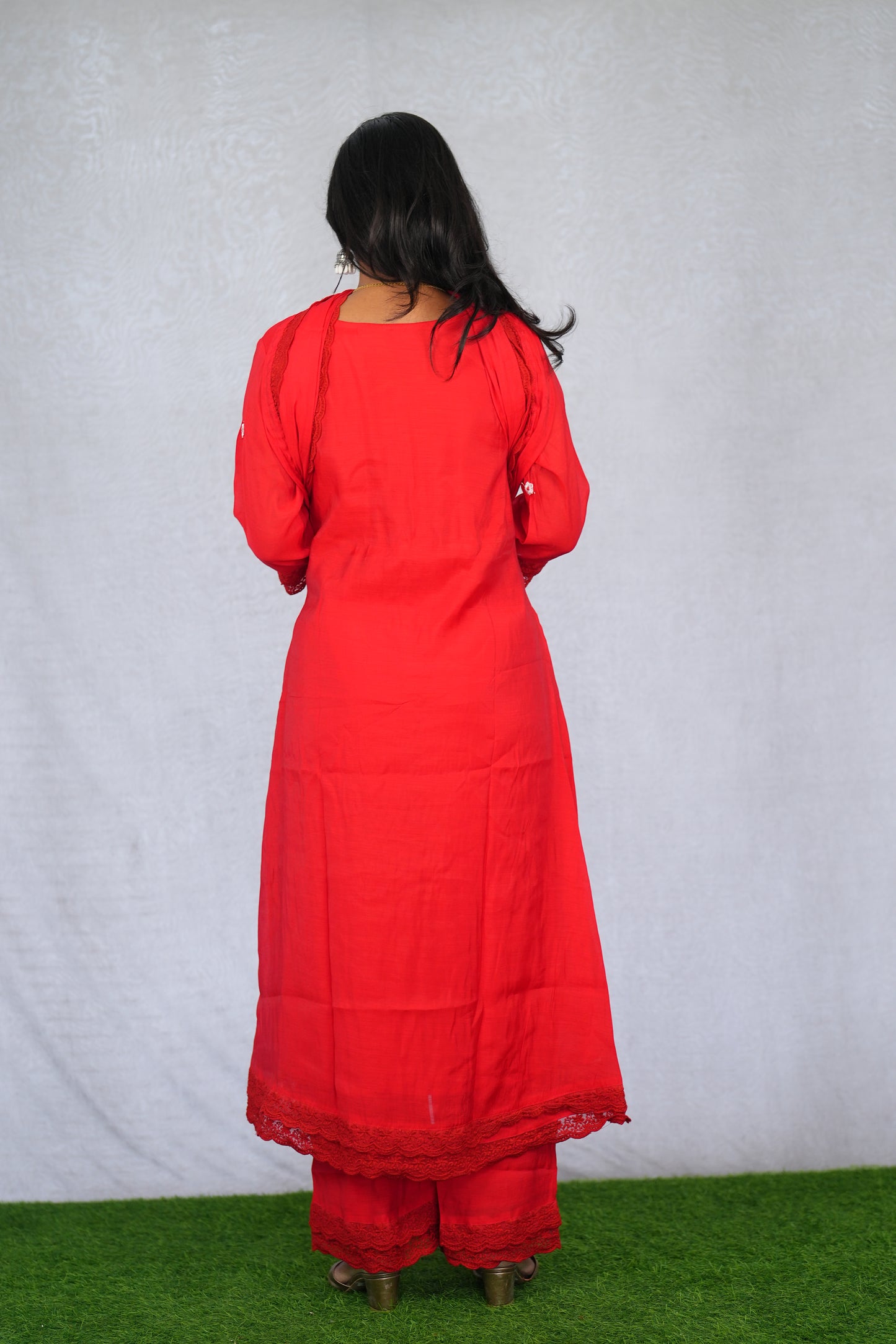 Red Color Mul chanderi Festive Wear 3 Piece Set With Lining