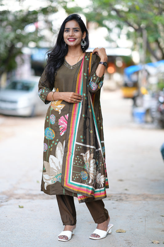 Coffee Brown Color Modal Silk 3 Piece Set With Complete Lining