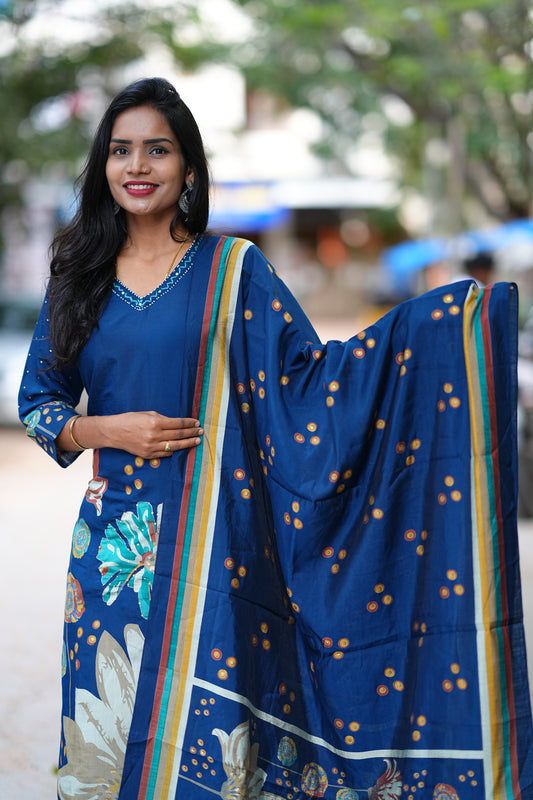 Royal Blue Color Modal Silk 3 Piece Set With Complete Lining