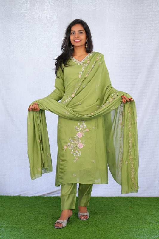 Olive Green Color Mul chanderi Party Wear 3 Piece set With Complete Lining