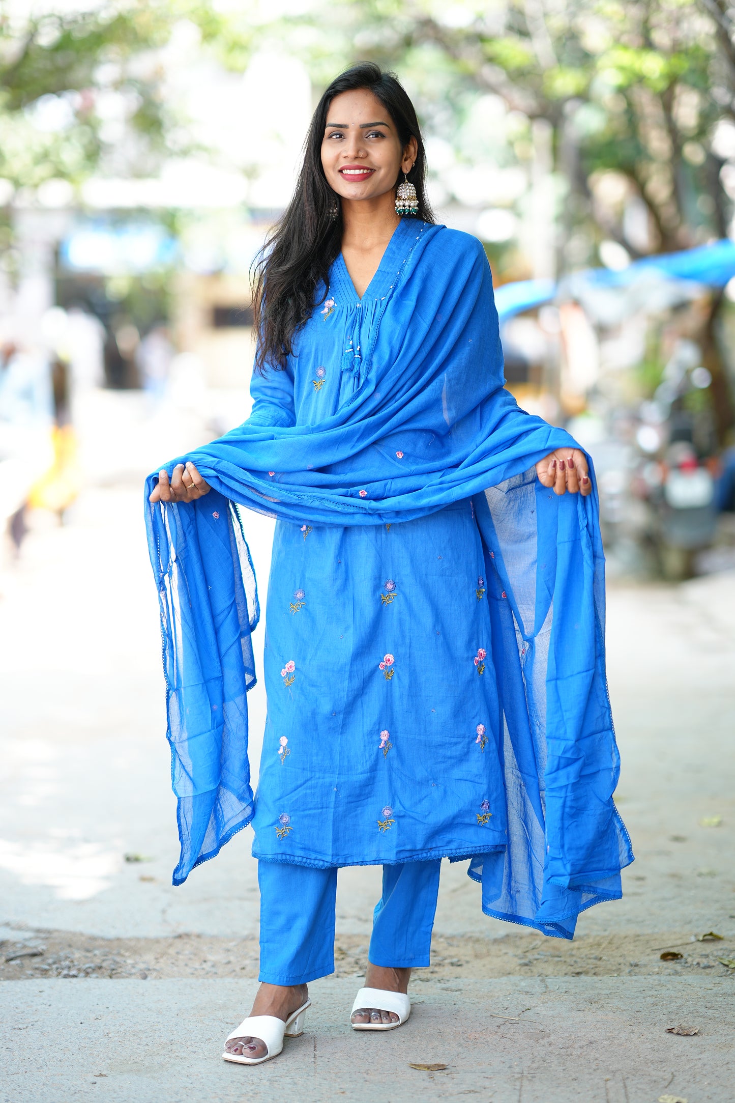 Designer Wear Royal Blue Color Mul Cotton 3 Piece Set With Complete Lining