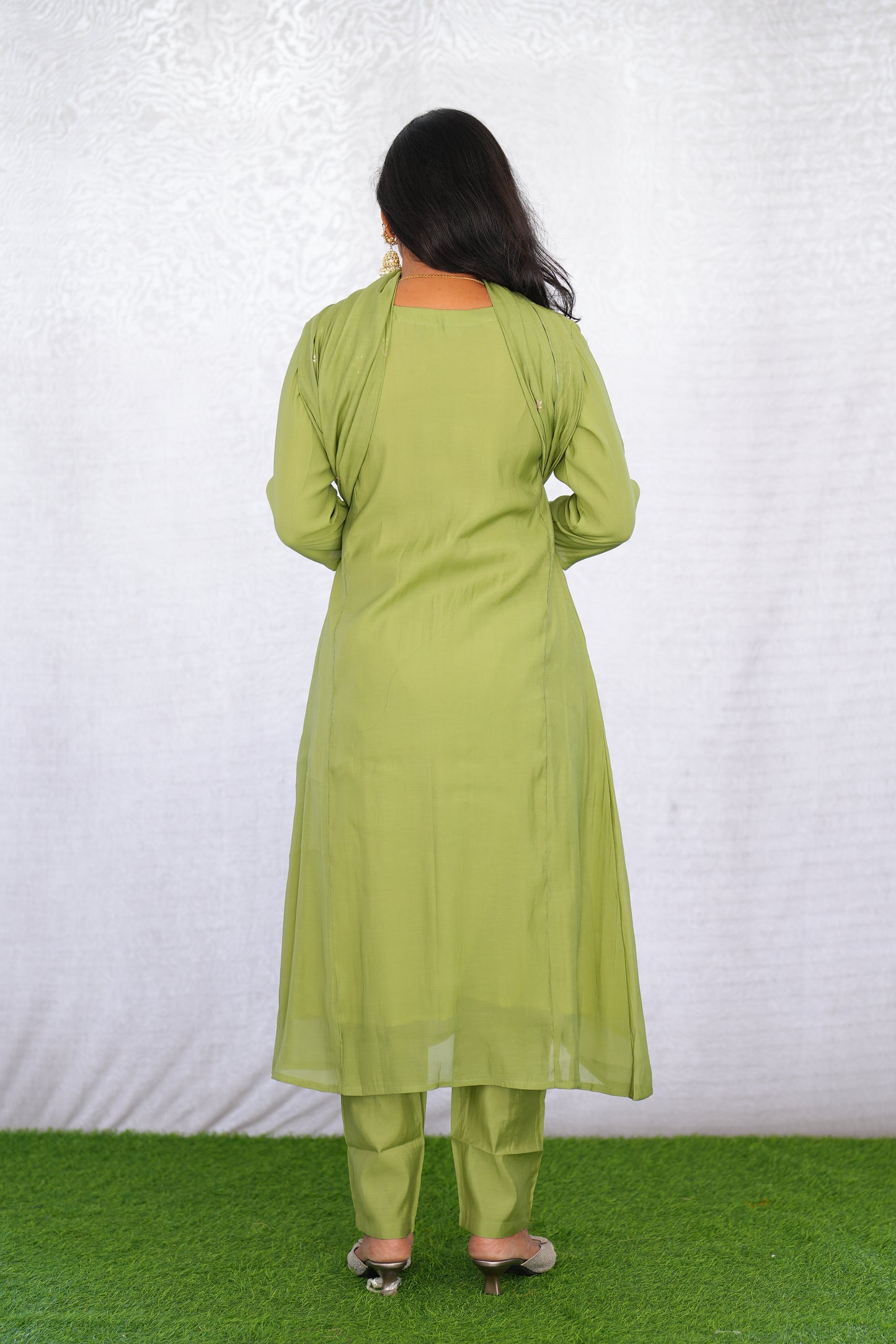 Olive Green Color Mul chanderi Party Wear 3 Piece set With Complete Lining