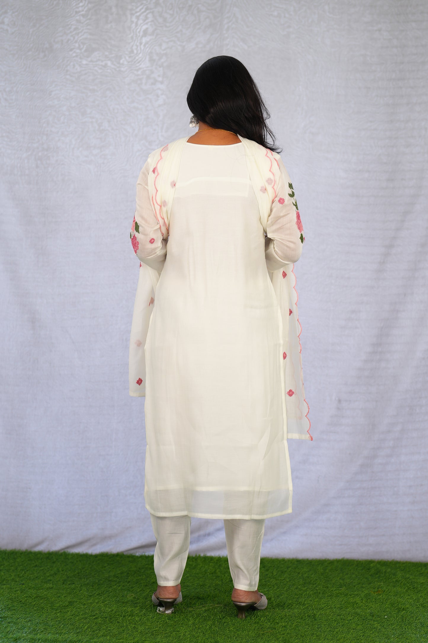 White Color Mul Chanderi 3 Piece Set With Mesh Embroidery and Complete Lining