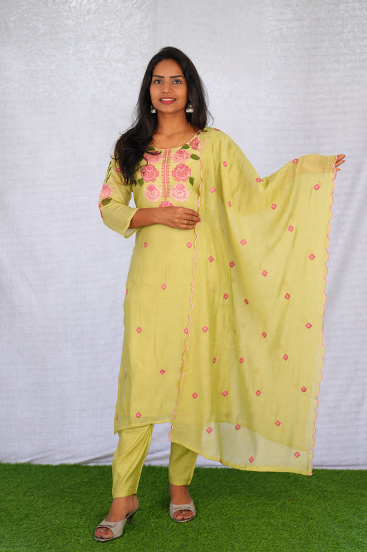 Lime Green Color Mul Chanderi 3 Piece Set With Mesh Embroidery and Complete Lining