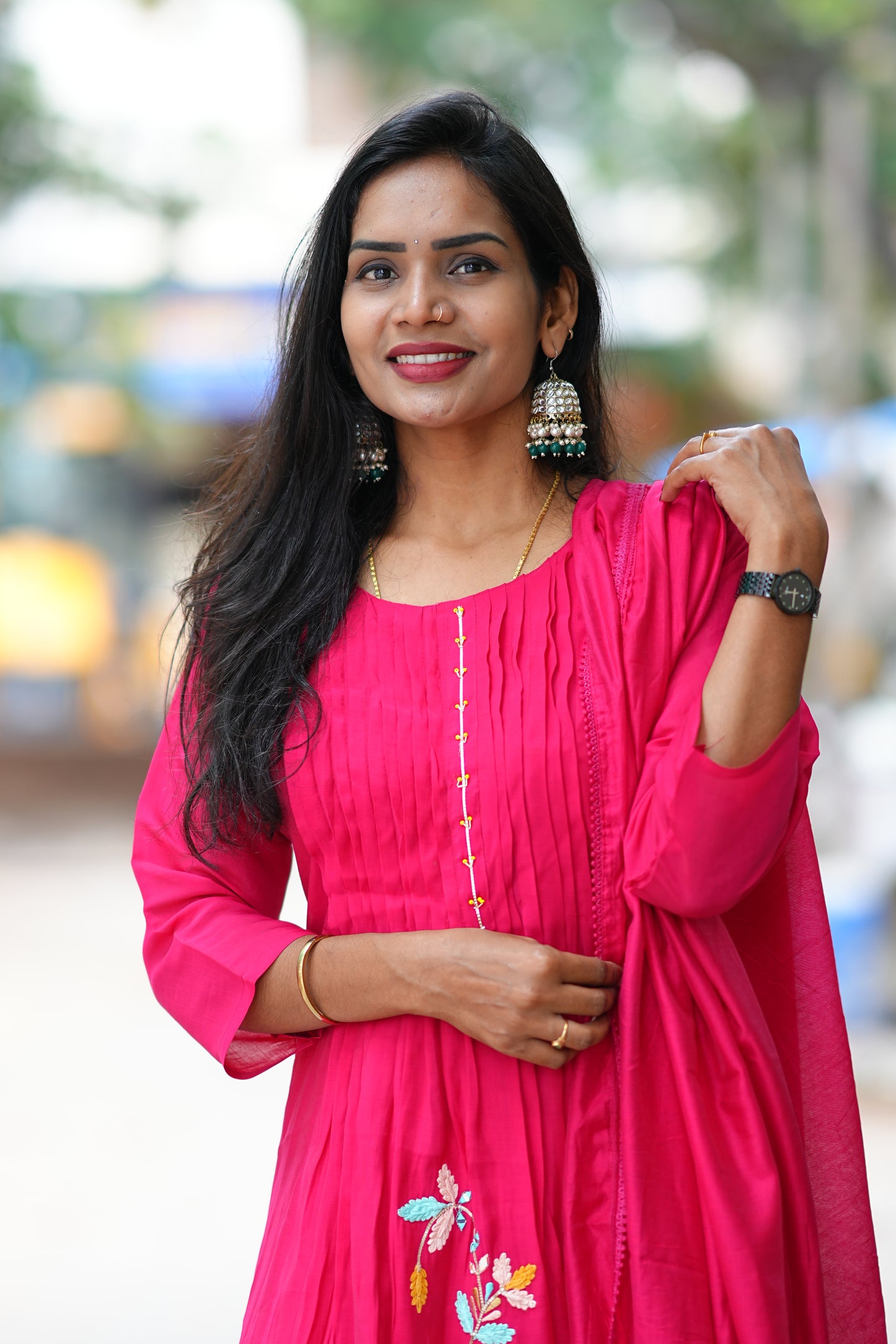 Rani Pink Designer Wear Mul Chanderi 3 Piece Set