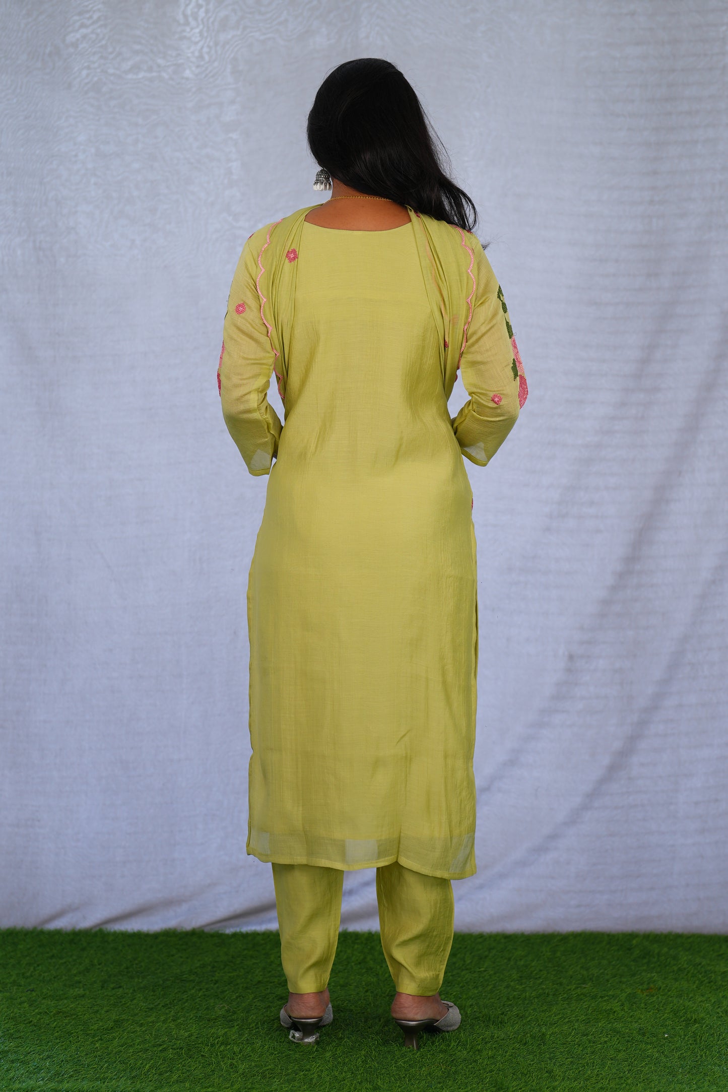 Lime Green Color Mul Chanderi 3 Piece Set With Mesh Embroidery and Complete Lining