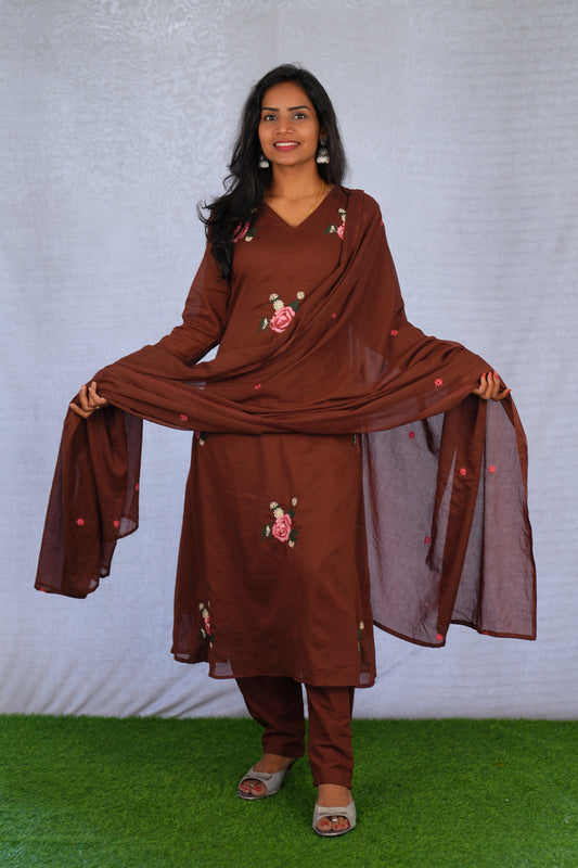 Brown Color Mul Cotton 3 Piece Set With Embroidery work and Complete Lining