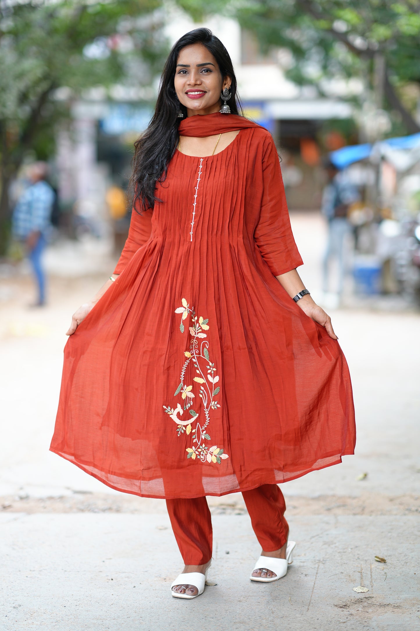 Rust Orange Designer Wear Mul Chanderi 3 Piece Set