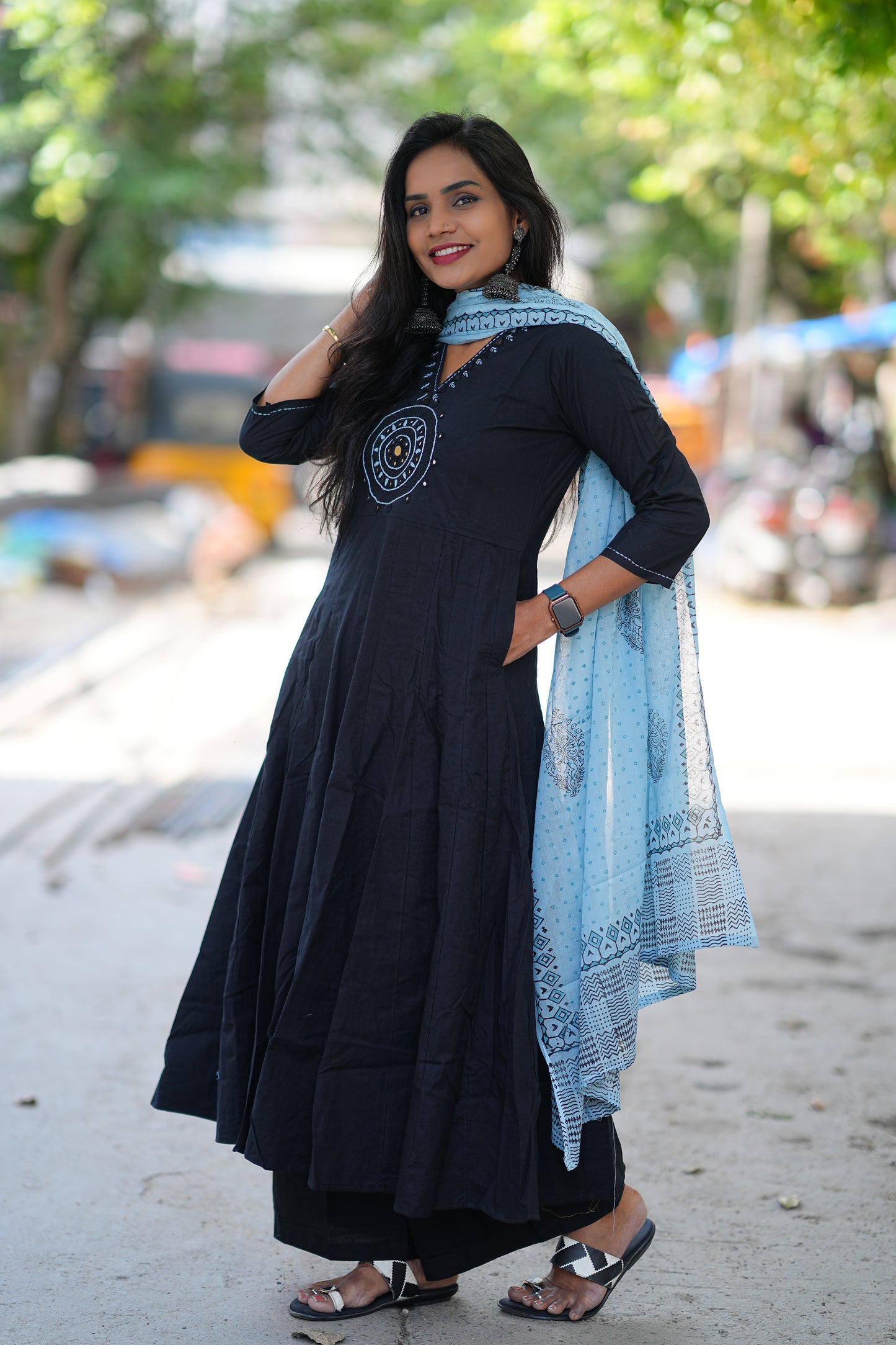 Navy Blue Color Kali Pattern Anarkali 3 Piece Set With Contrast Duppata