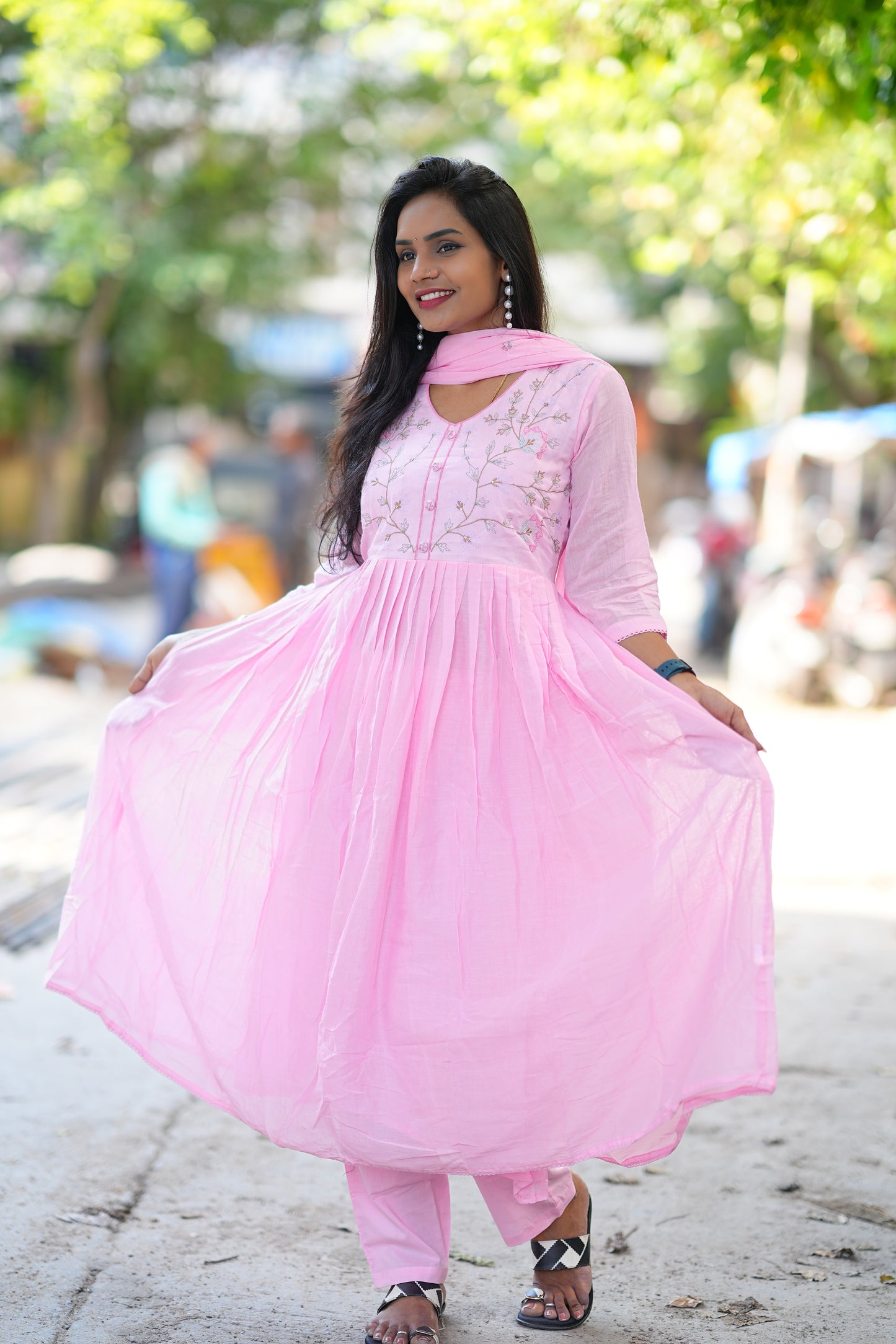 Pink Color Pure Mulmul Anarkali 3 Piece Set With Thread Embroidery and Complete Lining