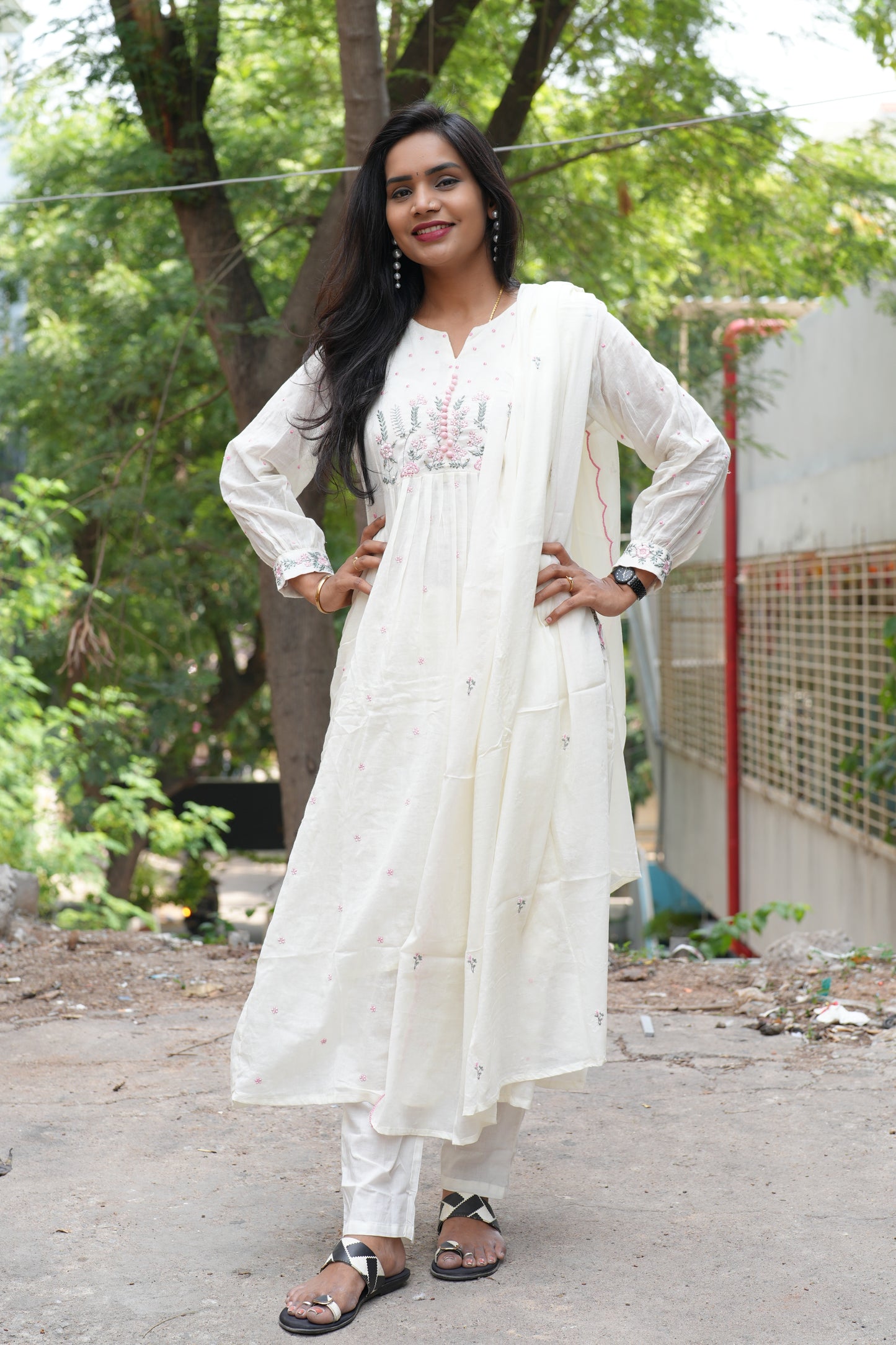 White Color Mul Mul Cotton Anarkali 3 Piece Set With Complete Lining