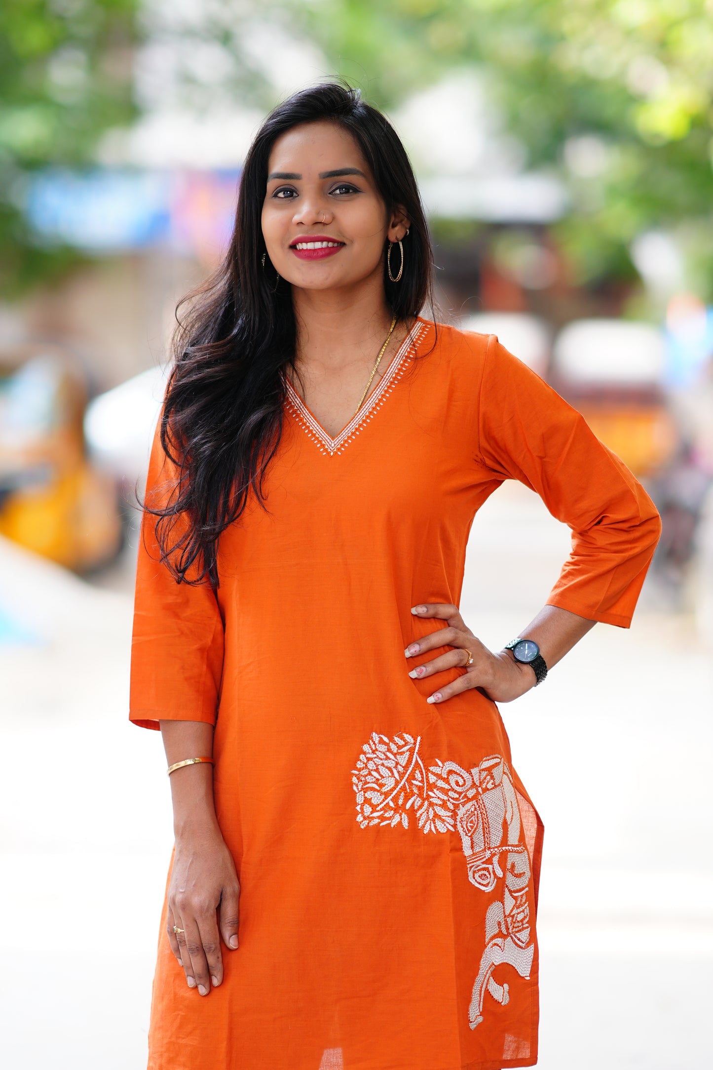 Orange Cord Set With Elephant Thread Embroidary Work