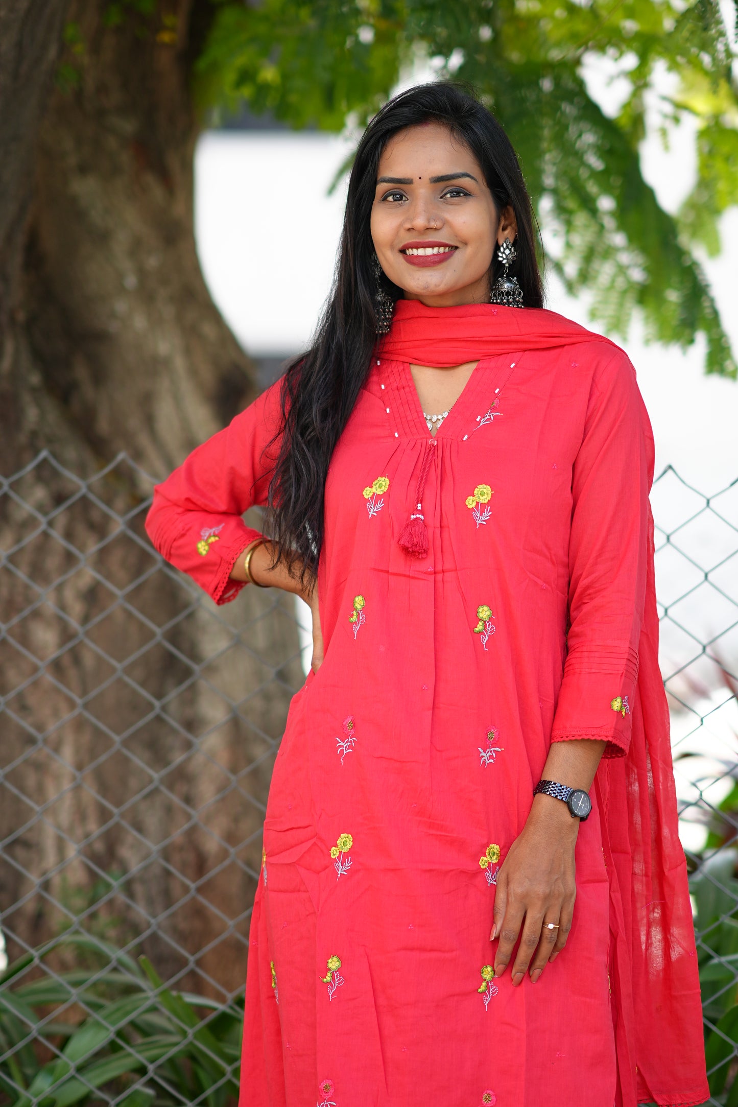 Beautiful Red Mul Cotton 3 Piece Set With Complete Lining
