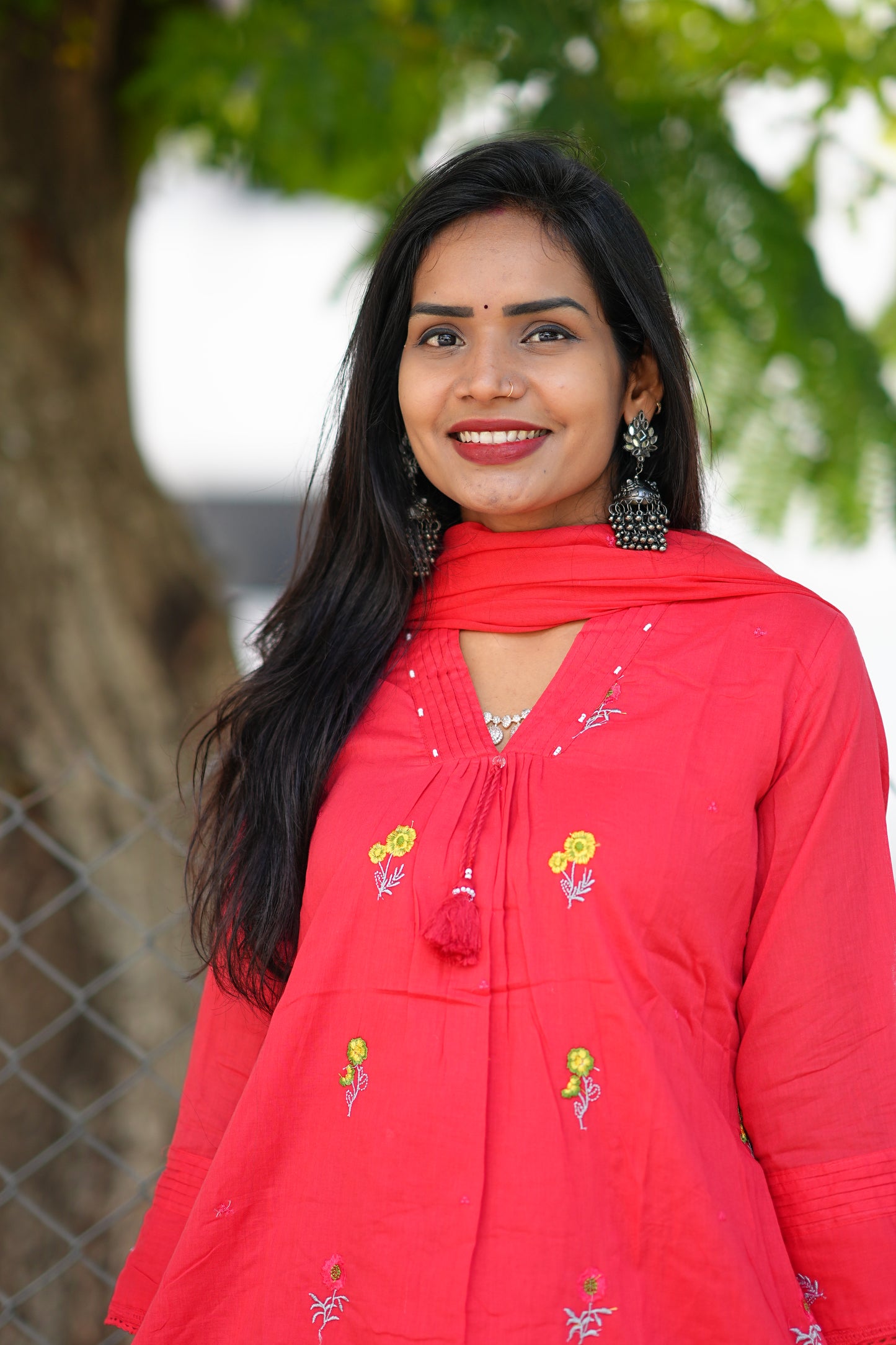 Beautiful Red Mul Cotton 3 Piece Set With Complete Lining