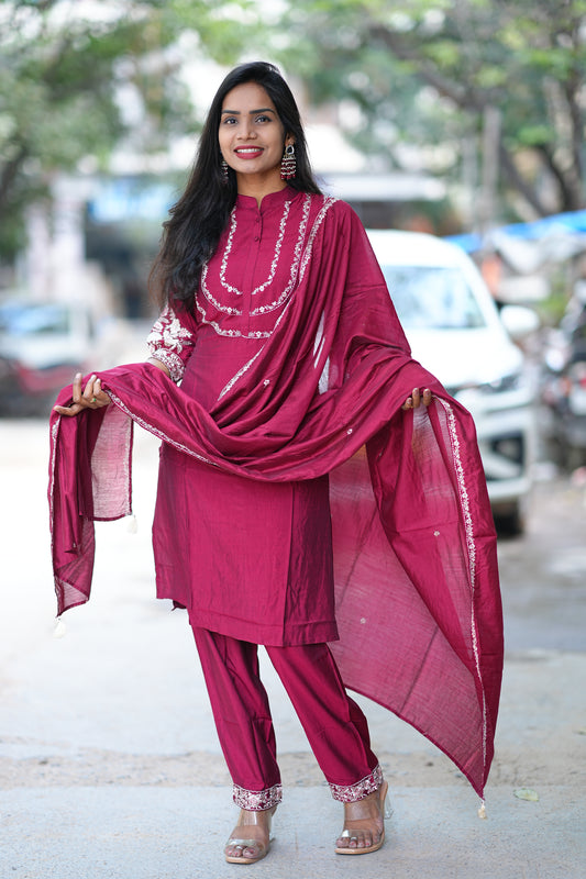 Maroon Color Designer Wear Viscose Fabric 3 Piece Set