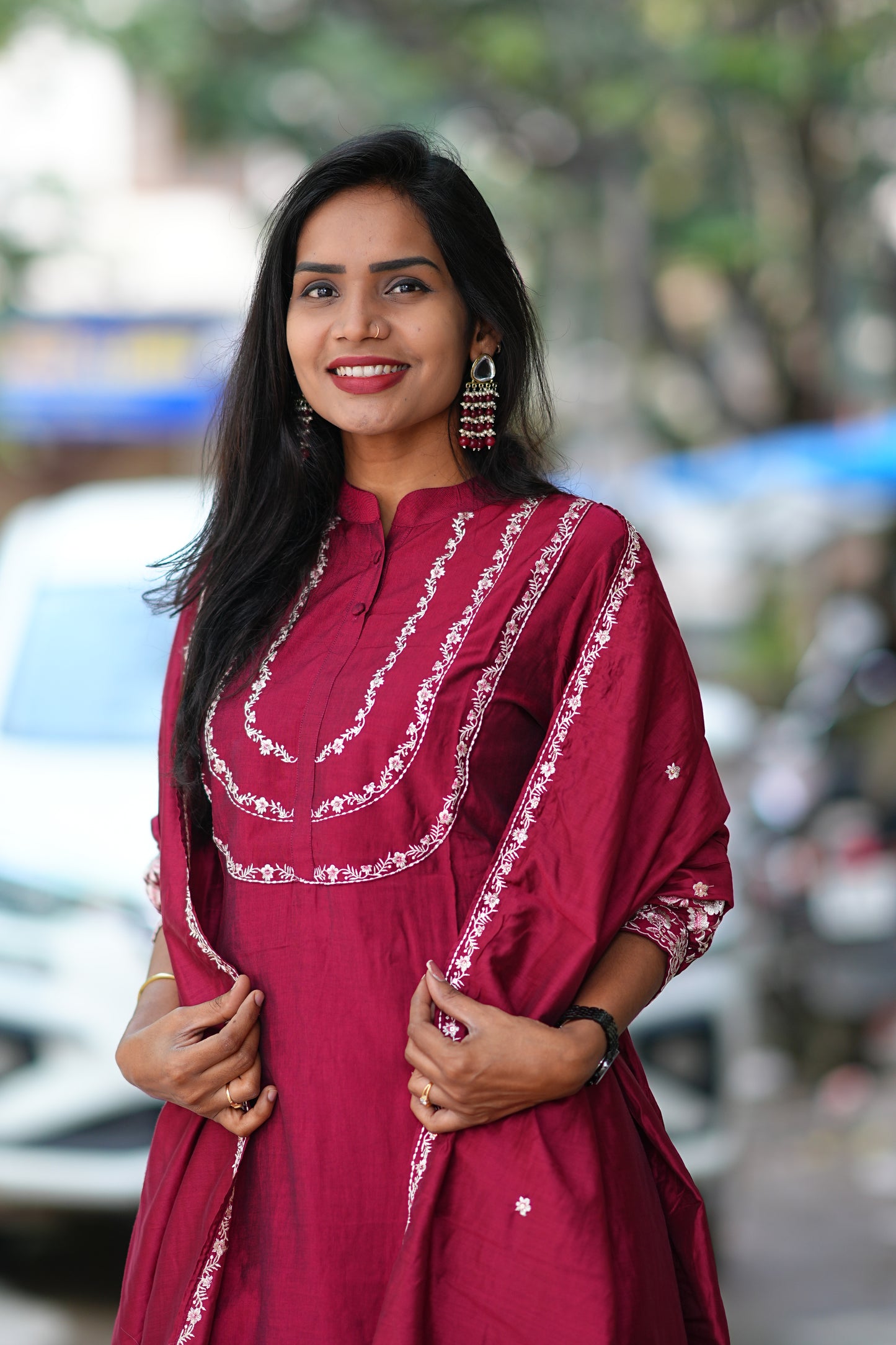 Maroon Color Designer Wear Viscose Fabric 3 Piece Set