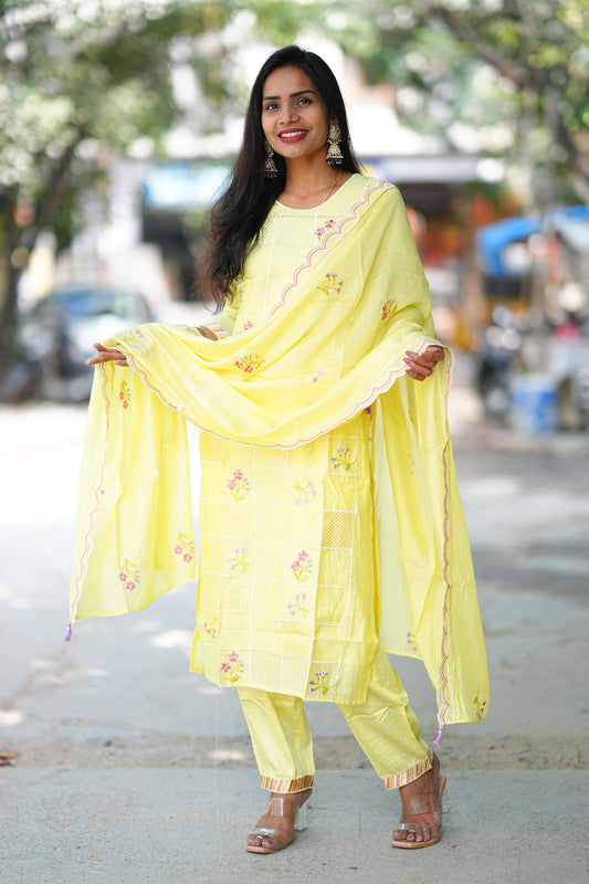 Yellow Color Designer Wear 3 Piece Set in Viscose Fabric