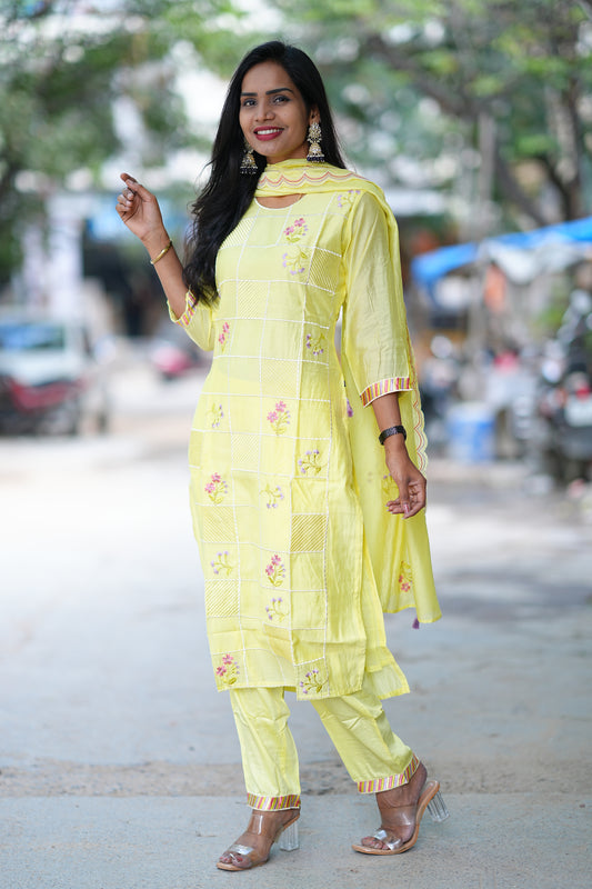Yellow Color Designer Wear 3 Piece Set in Viscose Fabric