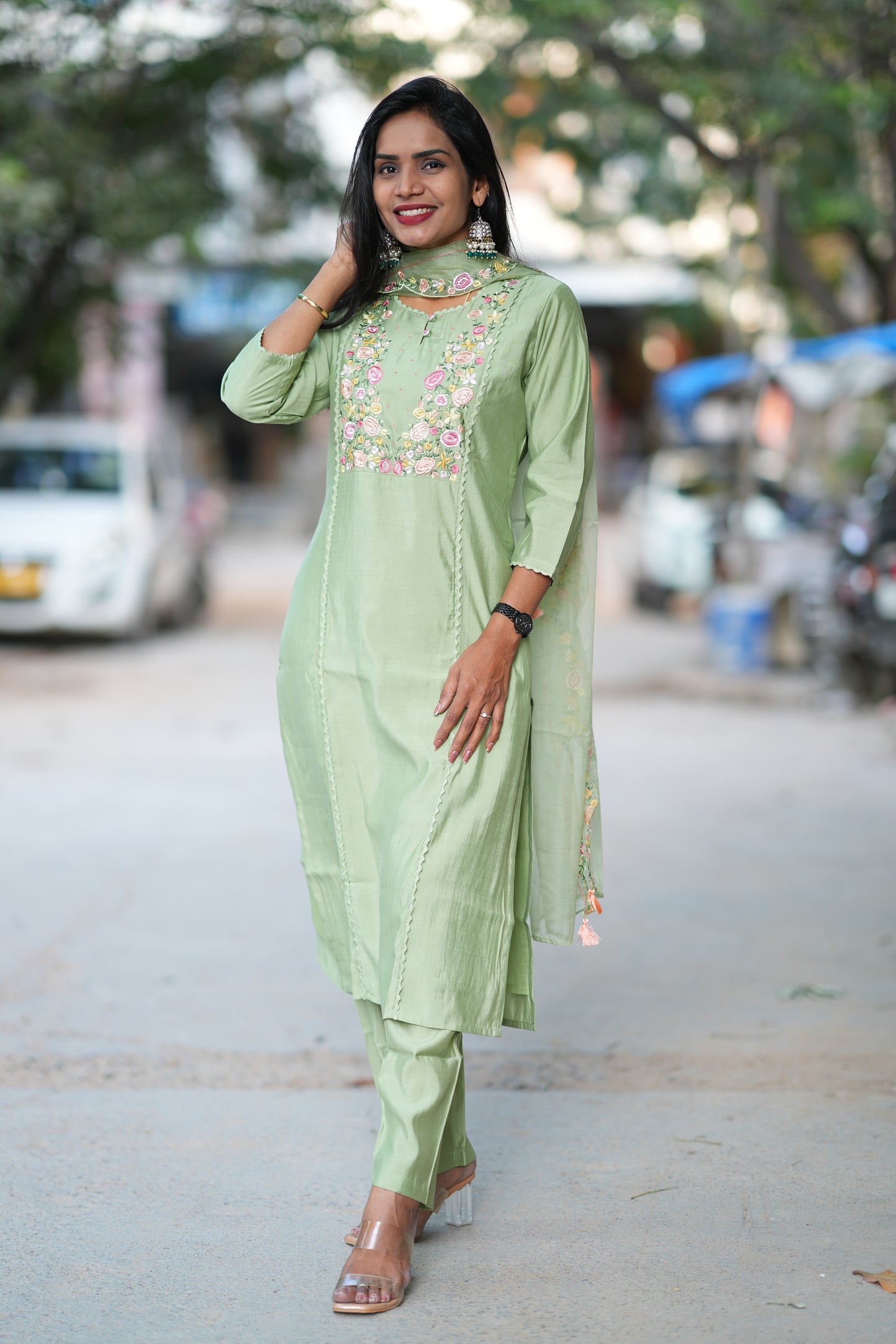 Pista Green Designer Wear Festive Collection in Viscose Fabric