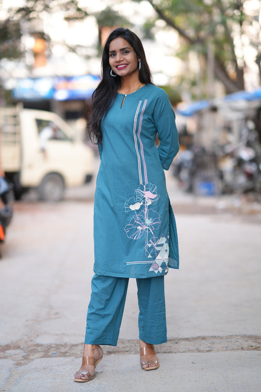 Teal Blue Color Jaipur Cotton Office Wear Cordset with Embriodary Work