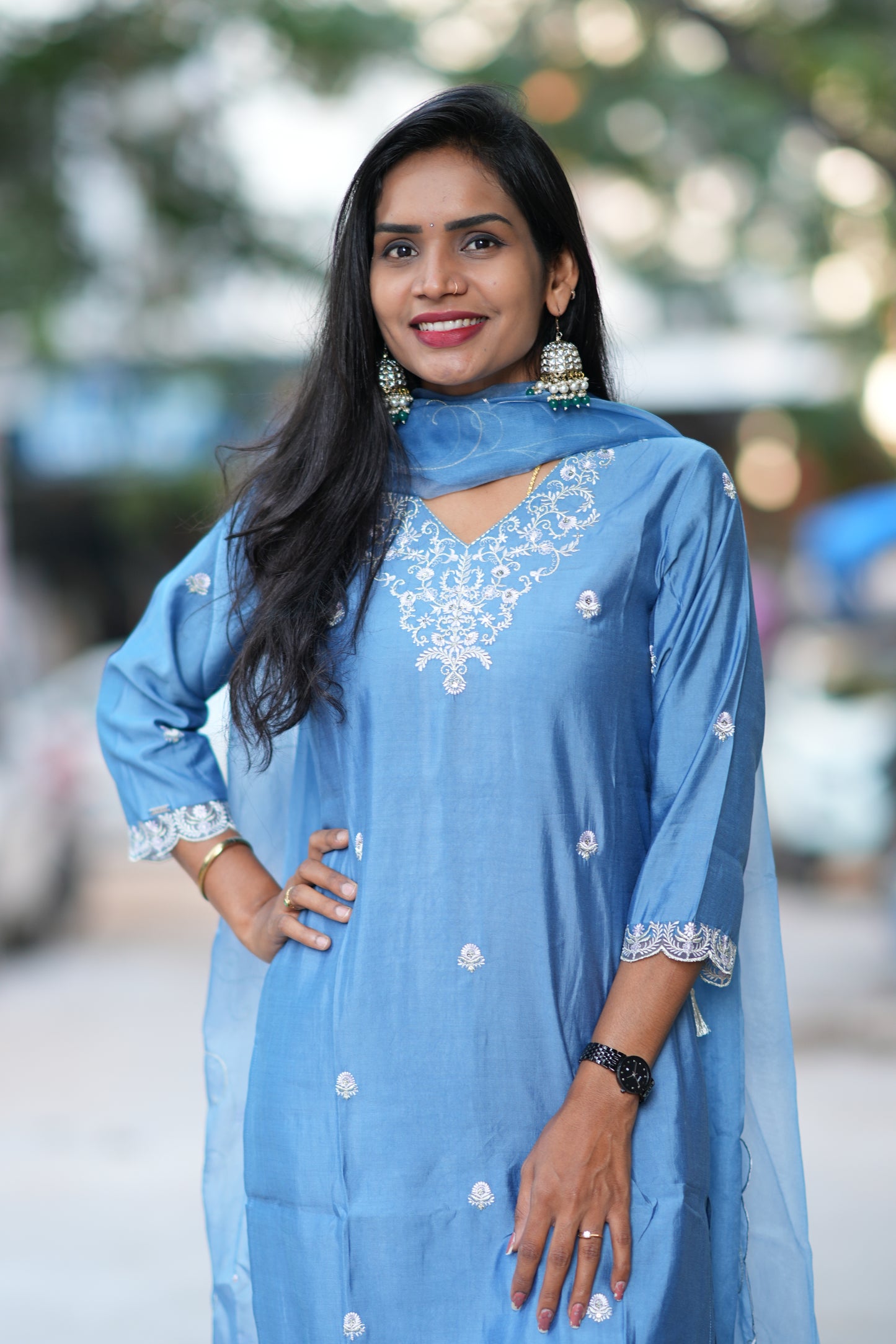 Blue Desginer Wear 3 Piece Set in Viscose Fabric