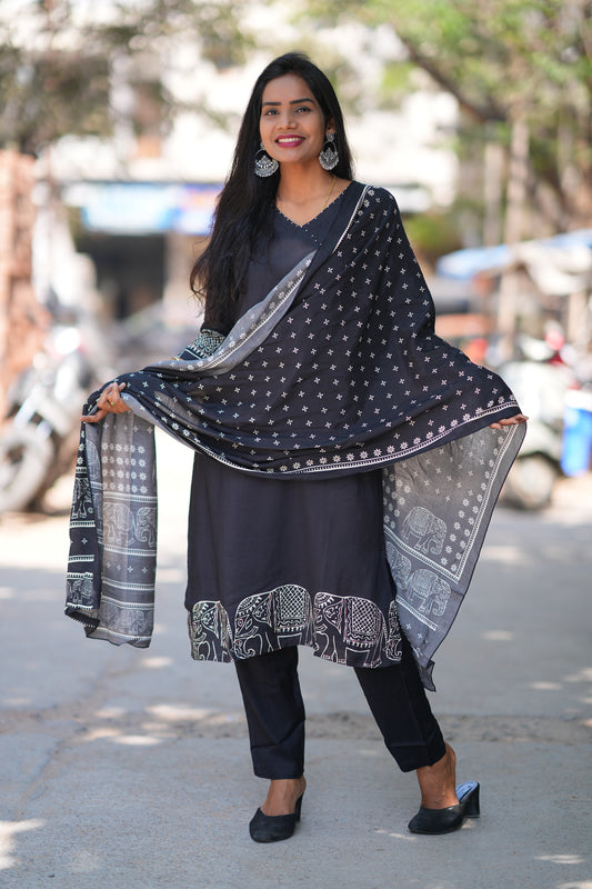 Black Color Pure Muslin 3 Piece Set With Complete Lining With Elephant Print