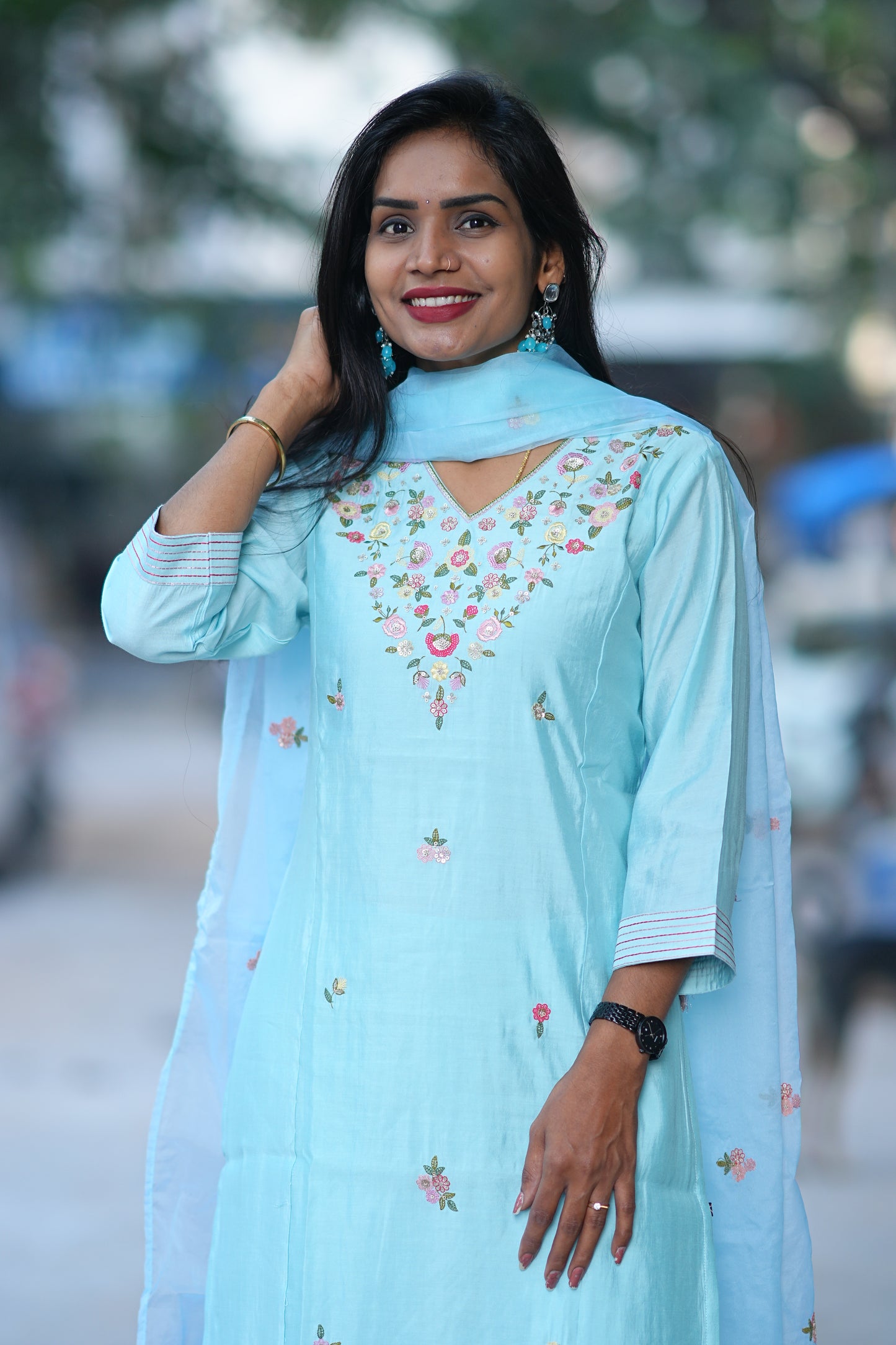Sky Blue Desginer Wear 3 Piece Set in Viscose Fabric