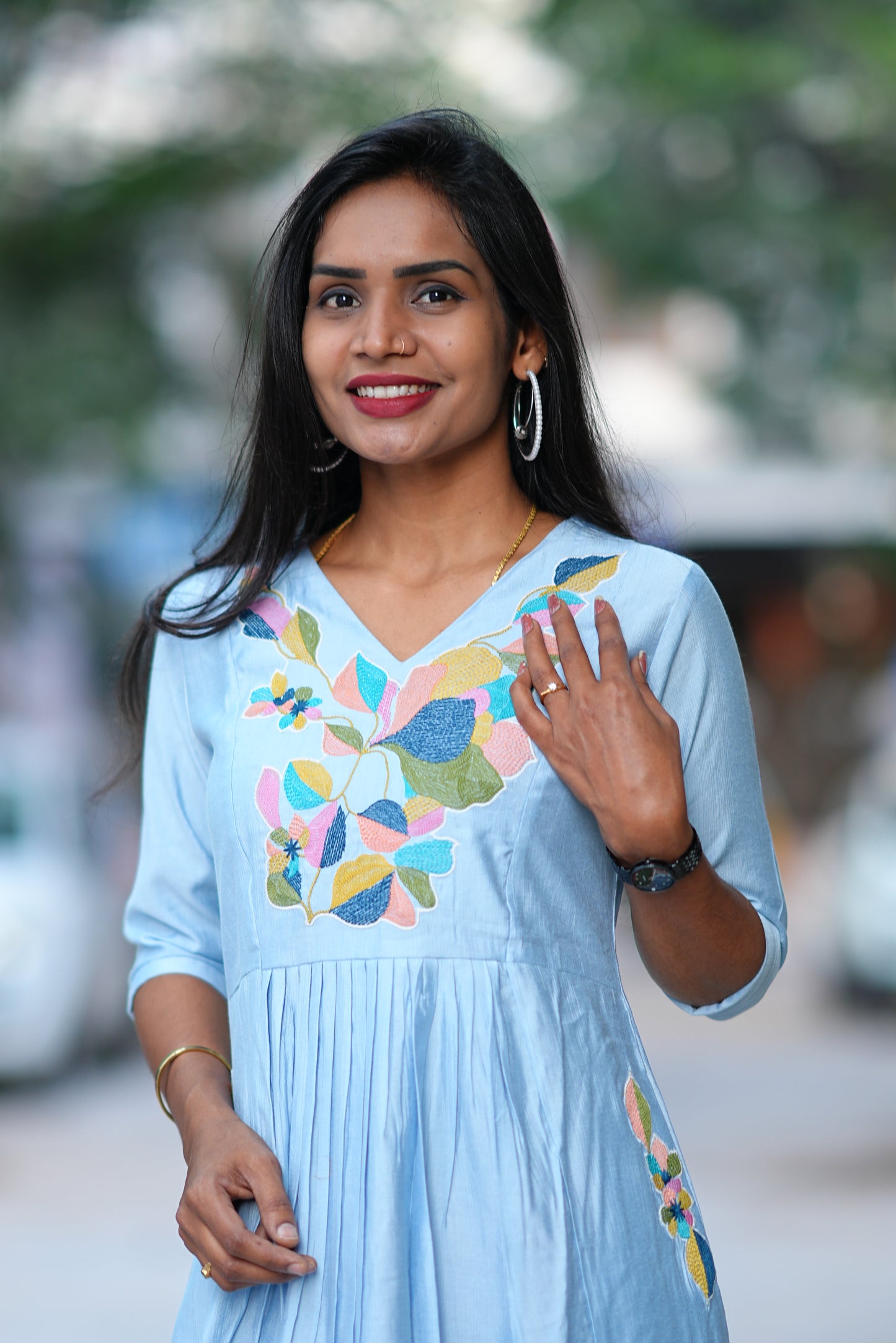 SKy Blue Viscose Party Wear Frock