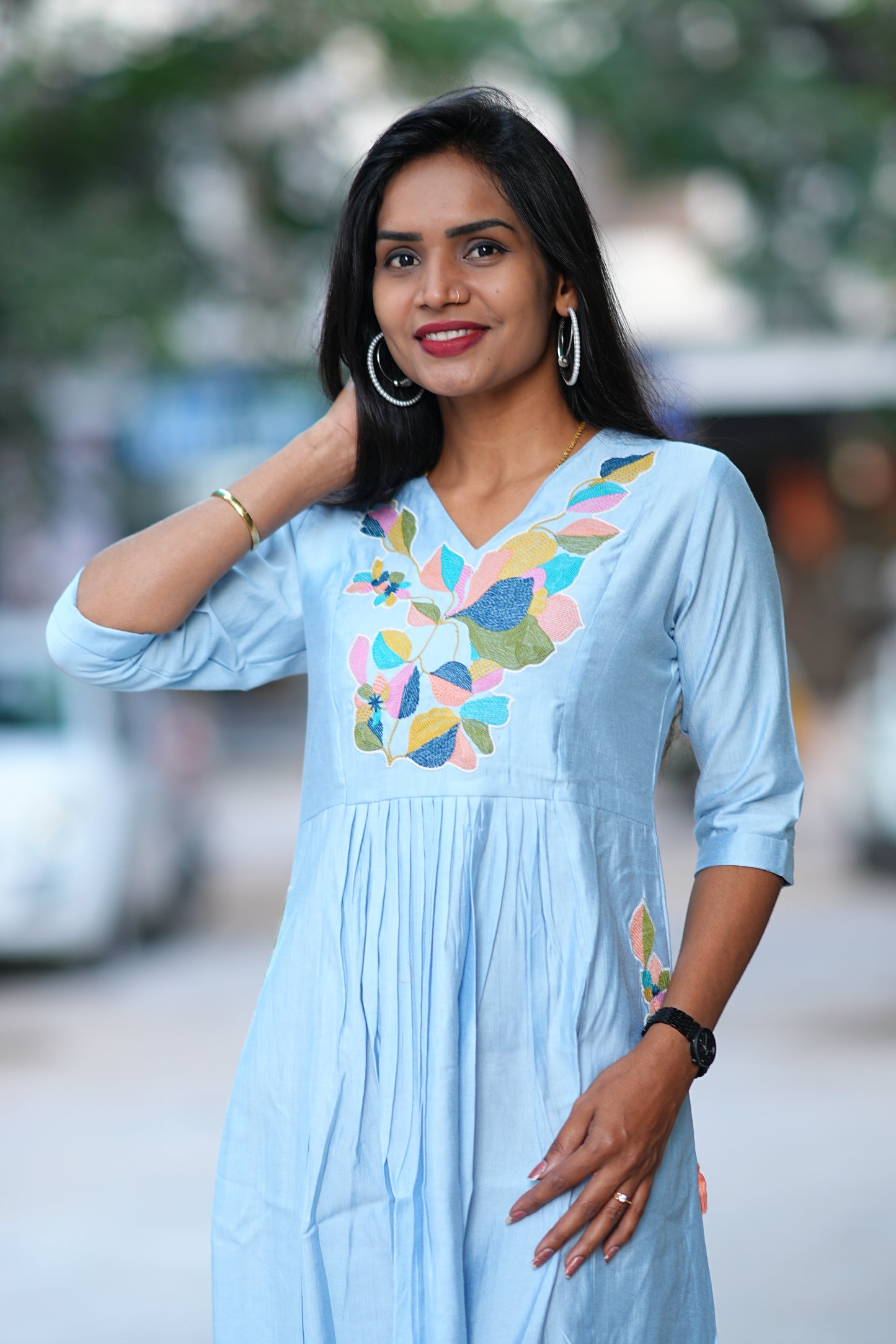 SKy Blue Viscose Party Wear Frock
