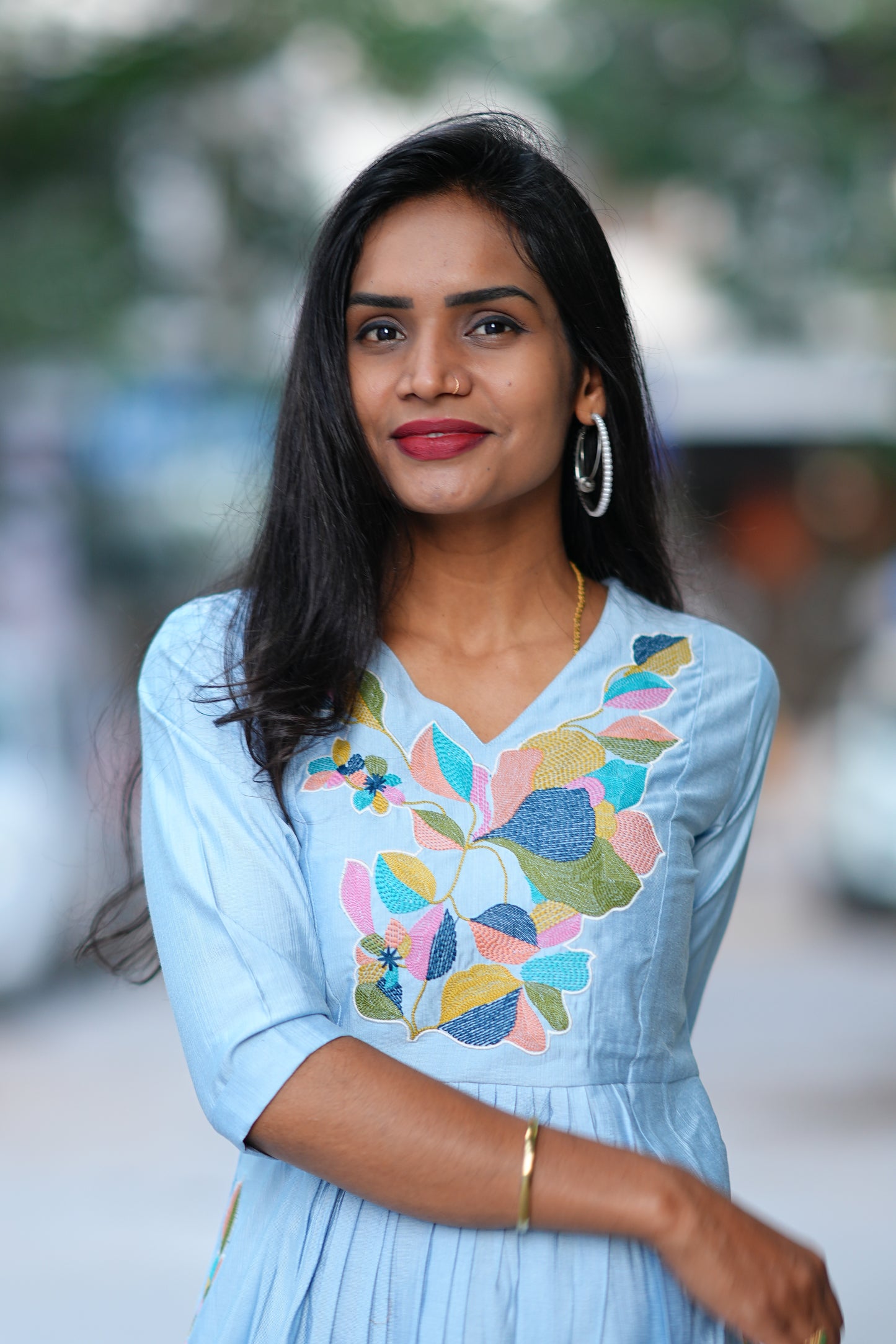 SKy Blue Viscose Party Wear Frock